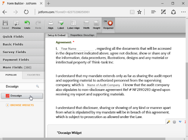 set up docusign widget